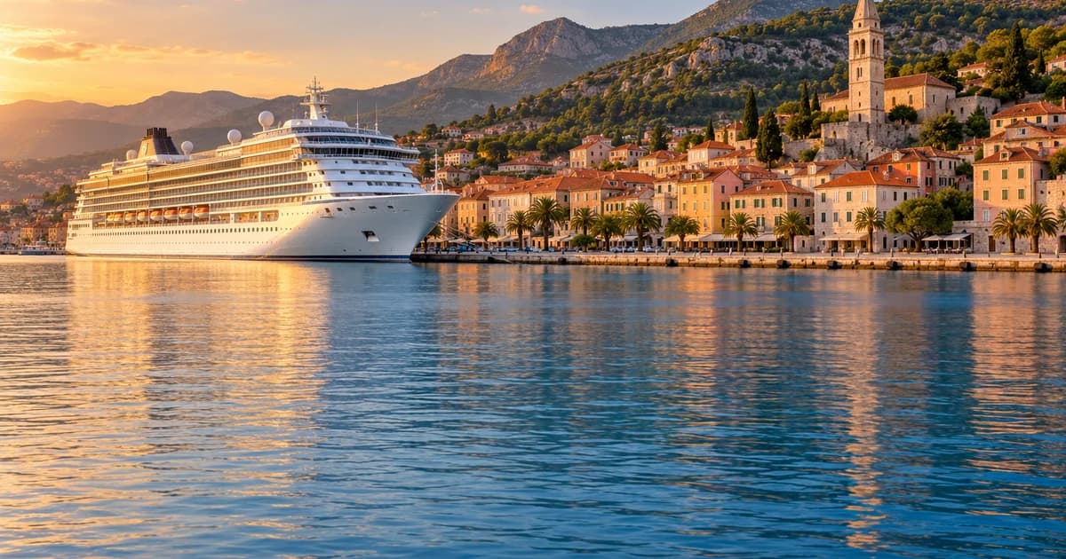 Illustration of a cruise ship docked at a Mediterranean harbour town