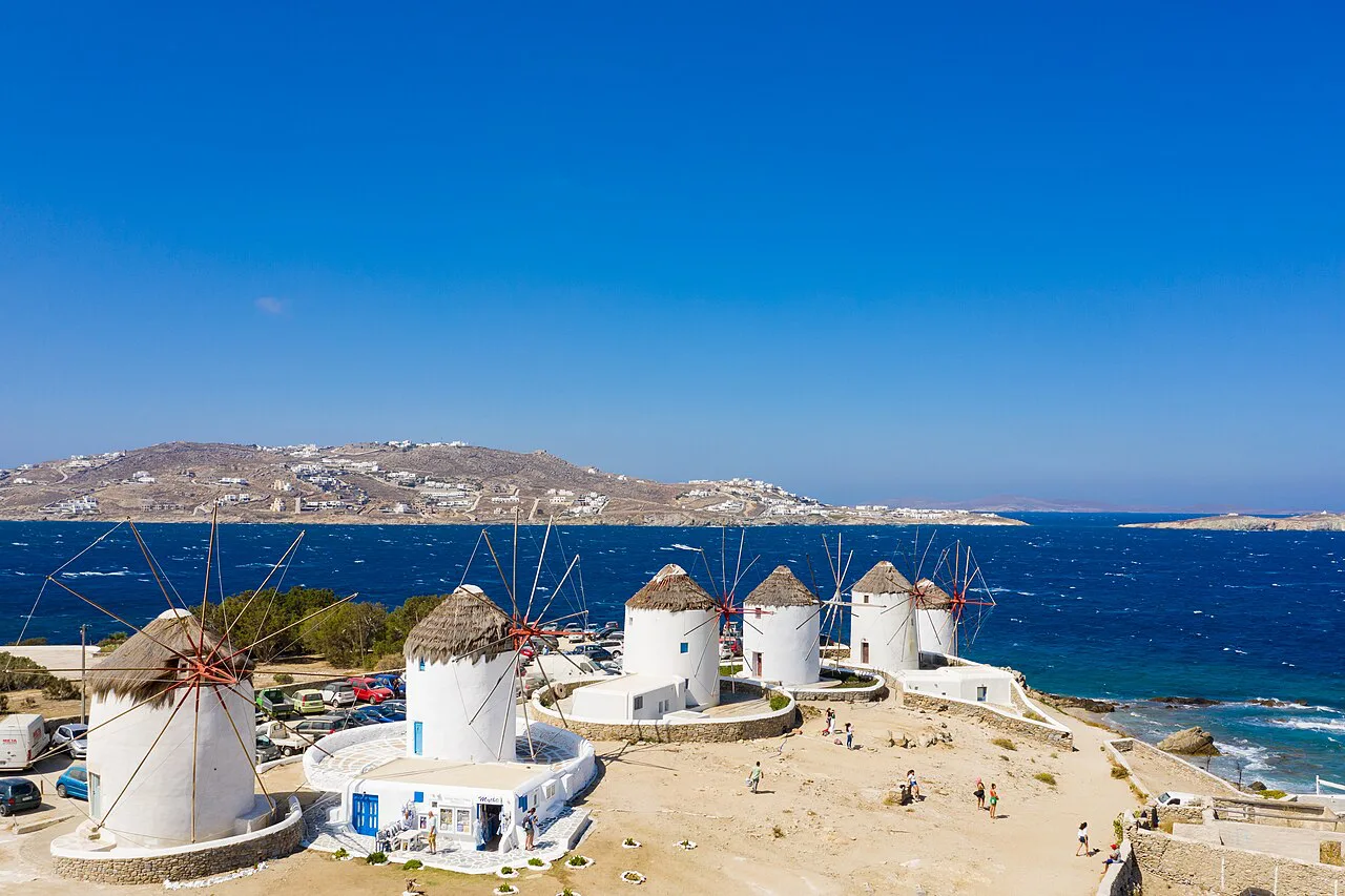 A closer view of the windmills in Little Venice in Mykonos, Greece, Europe