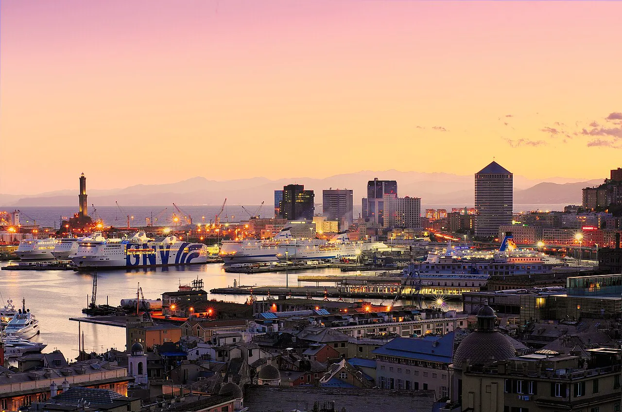 Genoa port and San Benigno at dusk