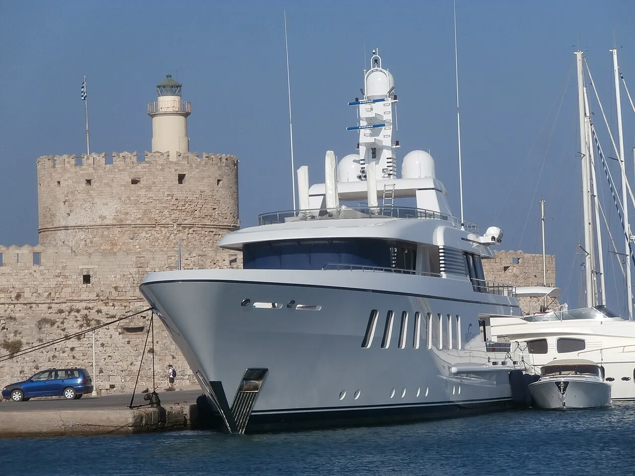 Megan at Quay in Mandraki Harbour Rhodes 29 July