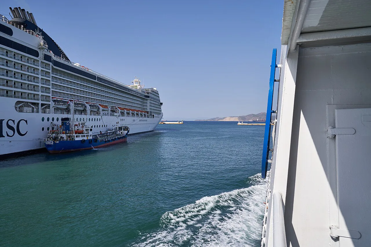 View of the entrance to the harbour of Piraeus from inside the harbour on July